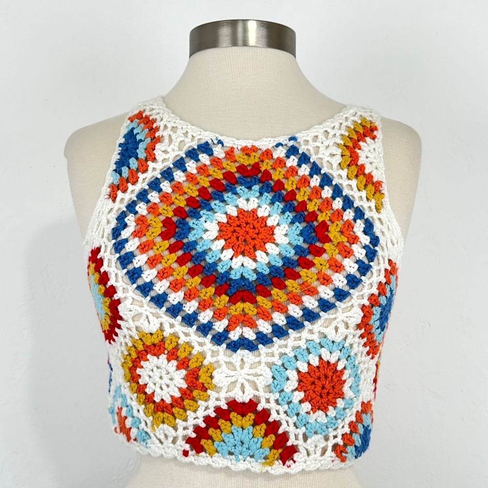 Boho Hippie Festival Crochet Granny Square Crop Tank Top S Multicolored Colorful